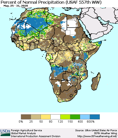 Africa Percent of Normal Precipitation (USAF 557th WW) Thematic Map For 5/25/2020 - 5/31/2020