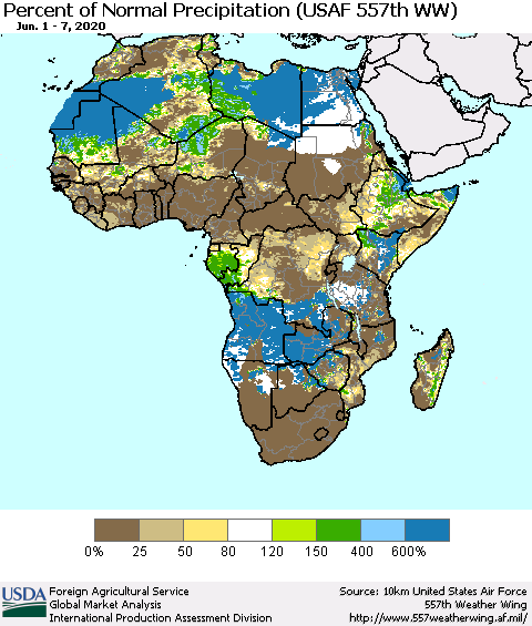 Africa Percent of Normal Precipitation (USAF 557th WW) Thematic Map For 6/1/2020 - 6/7/2020