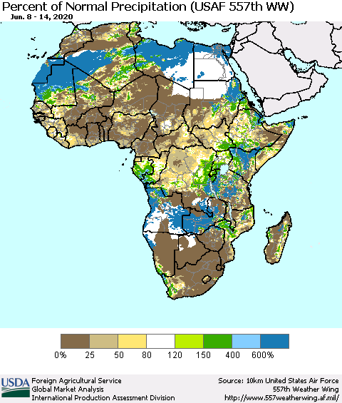 Africa Percent of Normal Precipitation (USAF 557th WW) Thematic Map For 6/8/2020 - 6/14/2020