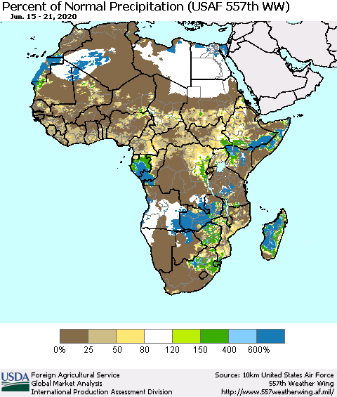 Africa Percent of Normal Precipitation (USAF 557th WW) Thematic Map For 6/15/2020 - 6/21/2020