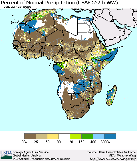 Africa Percent of Normal Precipitation (USAF 557th WW) Thematic Map For 6/22/2020 - 6/28/2020