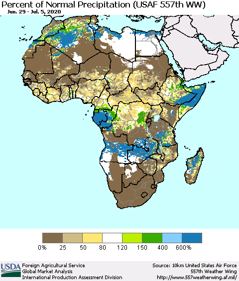Africa Percent of Normal Precipitation (USAF 557th WW) Thematic Map For 6/29/2020 - 7/5/2020