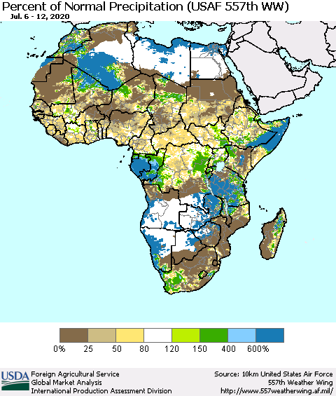 Africa Percent of Normal Precipitation (USAF 557th WW) Thematic Map For 7/6/2020 - 7/12/2020