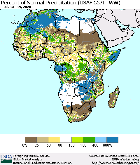 Africa Percent of Normal Precipitation (USAF 557th WW) Thematic Map For 7/13/2020 - 7/19/2020