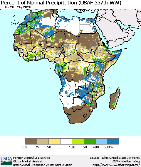 Africa Percent of Normal Precipitation (USAF 557th WW) Thematic Map For 7/20/2020 - 7/26/2020