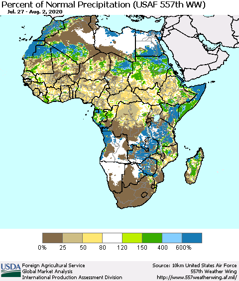 Africa Percent of Normal Precipitation (USAF 557th WW) Thematic Map For 7/27/2020 - 8/2/2020