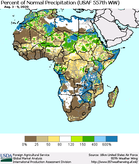 Africa Percent of Normal Precipitation (USAF 557th WW) Thematic Map For 8/3/2020 - 8/9/2020