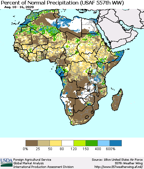 Africa Percent of Normal Precipitation (USAF 557th WW) Thematic Map For 8/10/2020 - 8/16/2020