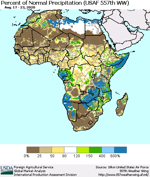 Africa Percent of Normal Precipitation (USAF 557th WW) Thematic Map For 8/17/2020 - 8/23/2020