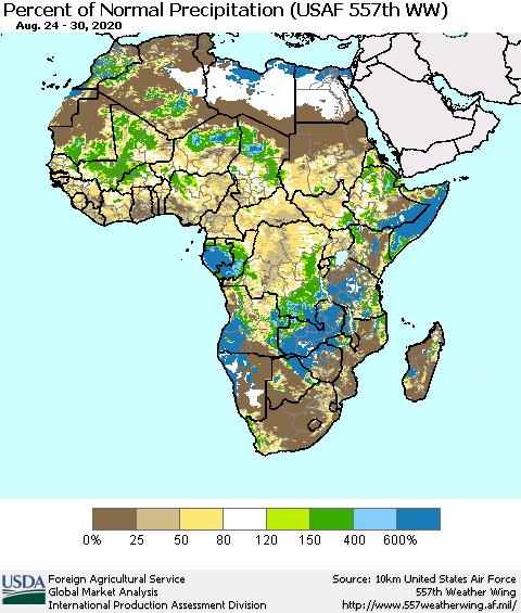 Africa Percent of Normal Precipitation (USAF 557th WW) Thematic Map For 8/24/2020 - 8/30/2020