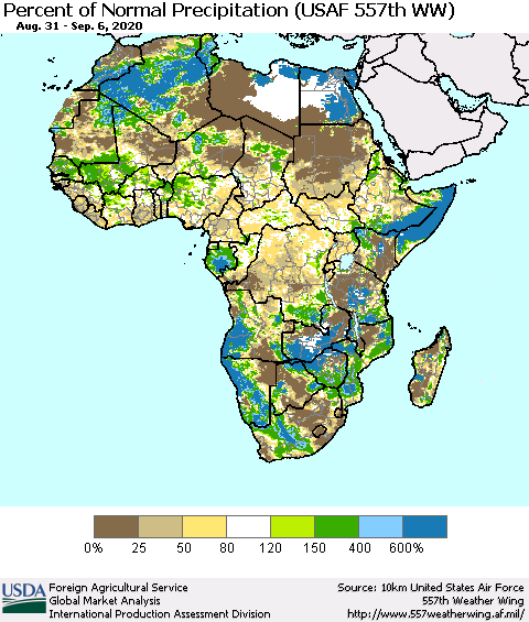Africa Percent of Normal Precipitation (USAF 557th WW) Thematic Map For 8/31/2020 - 9/6/2020