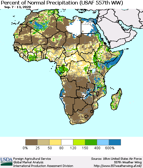 Africa Percent of Normal Precipitation (USAF 557th WW) Thematic Map For 9/7/2020 - 9/13/2020