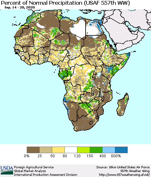 Africa Percent of Normal Precipitation (USAF 557th WW) Thematic Map For 9/14/2020 - 9/20/2020