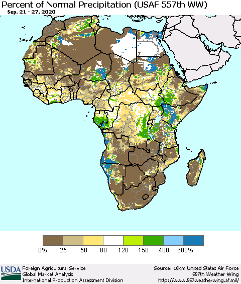 Africa Percent of Normal Precipitation (USAF 557th WW) Thematic Map For 9/21/2020 - 9/27/2020