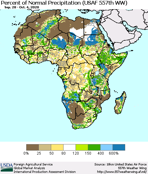 Africa Percent of Normal Precipitation (USAF 557th WW) Thematic Map For 9/28/2020 - 10/4/2020