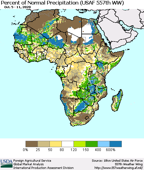 Africa Percent of Normal Precipitation (USAF 557th WW) Thematic Map For 10/5/2020 - 10/11/2020