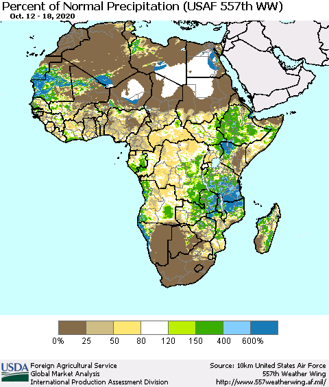 Africa Percent of Normal Precipitation (USAF 557th WW) Thematic Map For 10/12/2020 - 10/18/2020