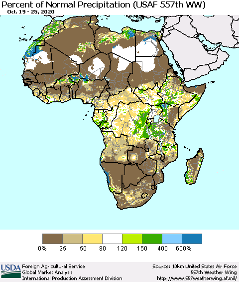 Africa Percent of Normal Precipitation (USAF 557th WW) Thematic Map For 10/19/2020 - 10/25/2020