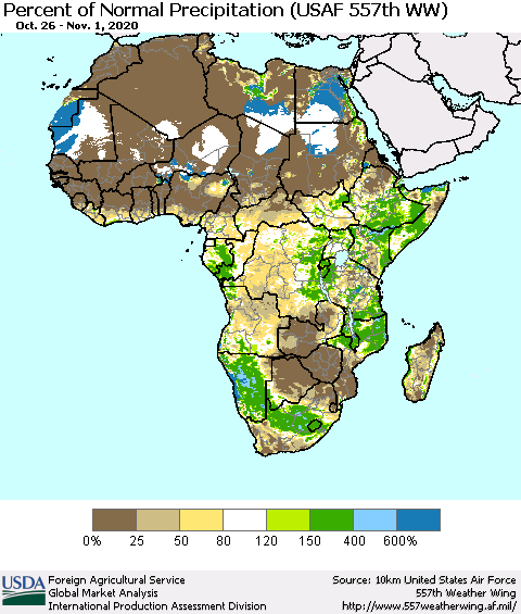 Africa Percent of Normal Precipitation (USAF 557th WW) Thematic Map For 10/26/2020 - 11/1/2020