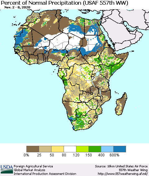 Africa Percent of Normal Precipitation (USAF 557th WW) Thematic Map For 11/2/2020 - 11/8/2020