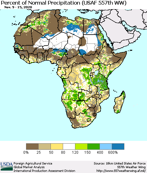 Africa Percent of Normal Precipitation (USAF 557th WW) Thematic Map For 11/9/2020 - 11/15/2020
