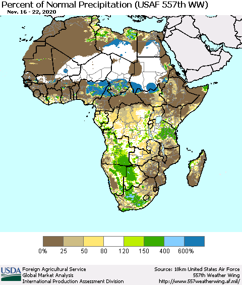 Africa Percent of Normal Precipitation (USAF 557th WW) Thematic Map For 11/16/2020 - 11/22/2020