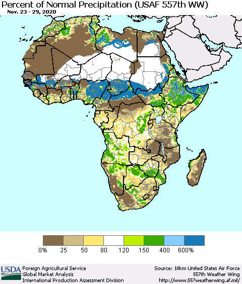 Africa Percent of Normal Precipitation (USAF 557th WW) Thematic Map For 11/23/2020 - 11/29/2020