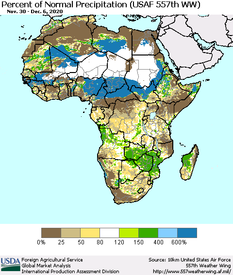 Africa Percent of Normal Precipitation (USAF 557th WW) Thematic Map For 11/30/2020 - 12/6/2020