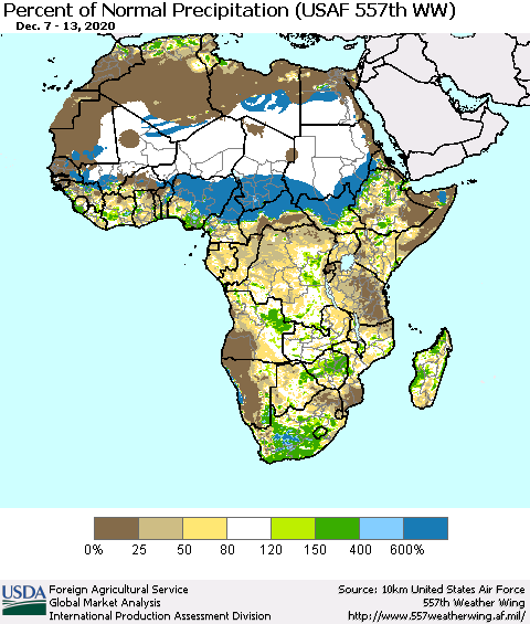 Africa Percent of Normal Precipitation (USAF 557th WW) Thematic Map For 12/7/2020 - 12/13/2020
