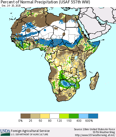Africa Percent of Normal Precipitation (USAF 557th WW) Thematic Map For 12/14/2020 - 12/20/2020