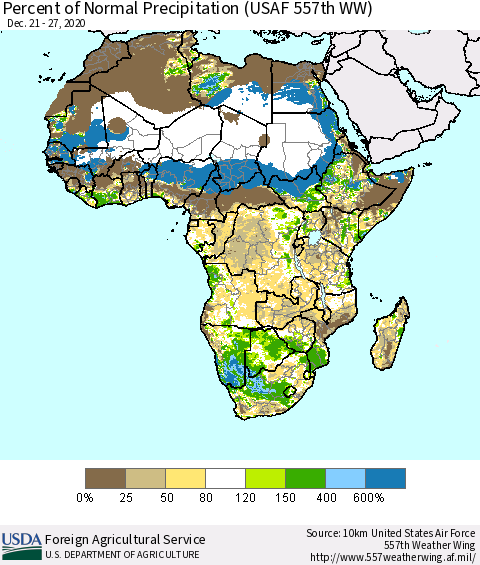 Africa Percent of Normal Precipitation (USAF 557th WW) Thematic Map For 12/21/2020 - 12/27/2020