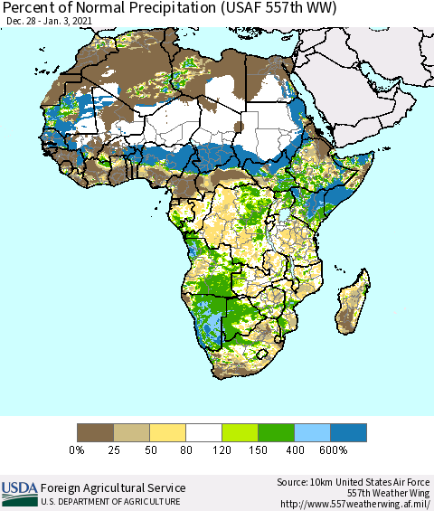 Africa Percent of Normal Precipitation (USAF 557th WW) Thematic Map For 12/28/2020 - 1/3/2021