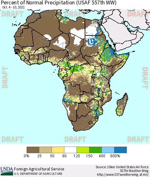 Africa Percent of Normal Precipitation (USAF 557th WW) Thematic Map For 10/4/2021 - 10/10/2021