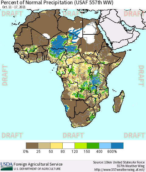 Africa Percent of Normal Precipitation (USAF 557th WW) Thematic Map For 10/11/2021 - 10/17/2021