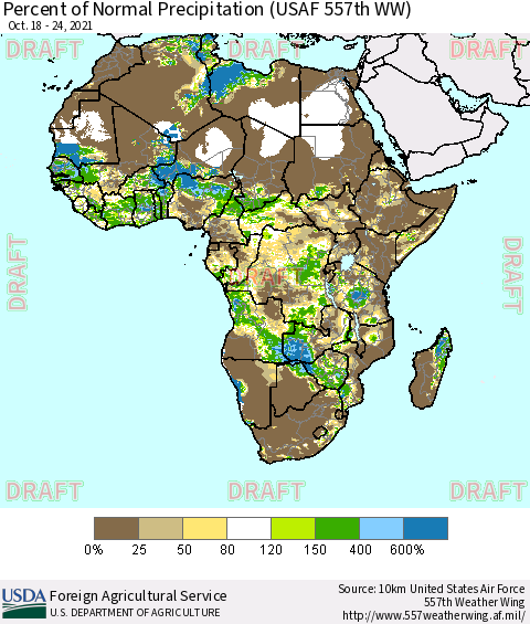 Africa Percent of Normal Precipitation (USAF 557th WW) Thematic Map For 10/18/2021 - 10/24/2021