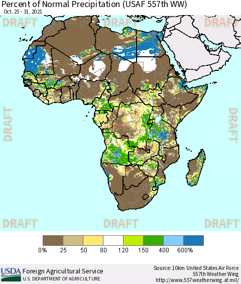 Africa Percent of Normal Precipitation (USAF 557th WW) Thematic Map For 10/25/2021 - 10/31/2021