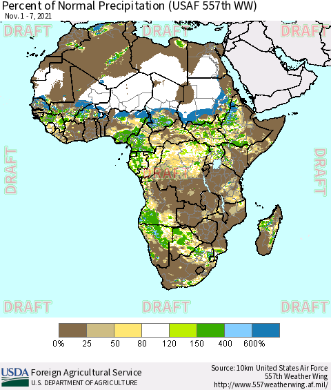 Africa Percent of Normal Precipitation (USAF 557th WW) Thematic Map For 11/1/2021 - 11/7/2021