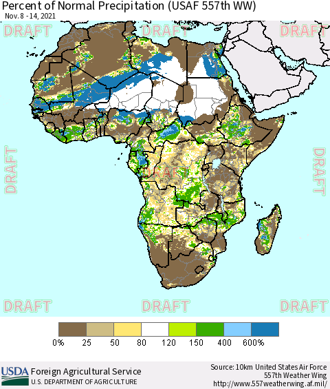 Africa Percent of Normal Precipitation (USAF 557th WW) Thematic Map For 11/8/2021 - 11/14/2021