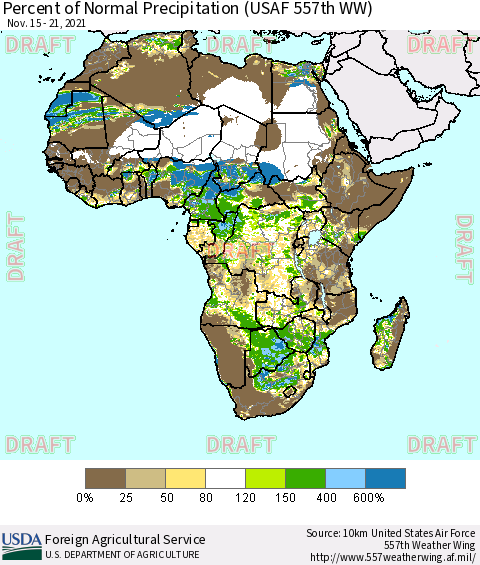 Africa Percent of Normal Precipitation (USAF 557th WW) Thematic Map For 11/15/2021 - 11/21/2021