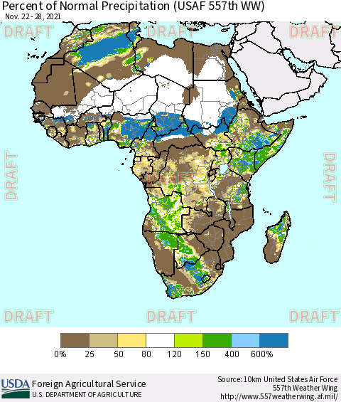 Africa Percent of Normal Precipitation (USAF 557th WW) Thematic Map For 11/22/2021 - 11/28/2021