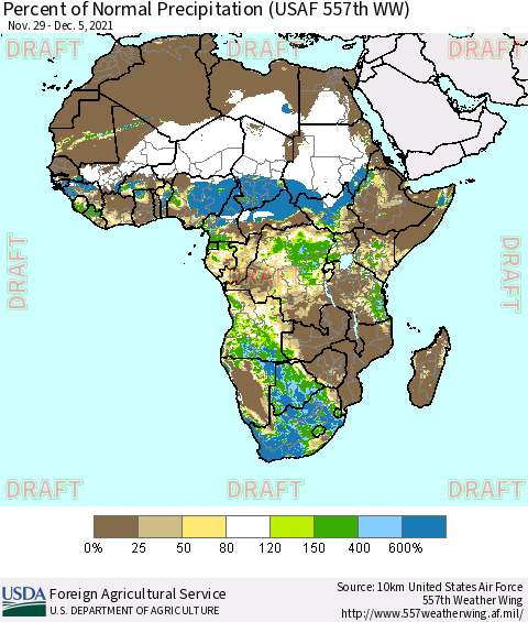 Africa Percent of Normal Precipitation (USAF 557th WW) Thematic Map For 11/29/2021 - 12/5/2021
