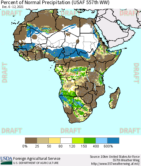 Africa Percent of Normal Precipitation (USAF 557th WW) Thematic Map For 12/6/2021 - 12/12/2021