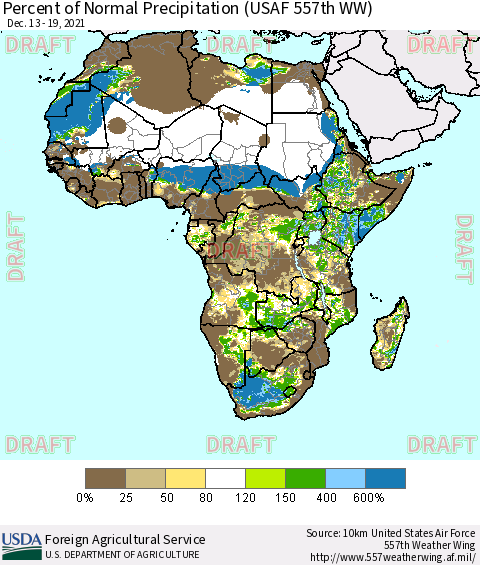 Africa Percent of Normal Precipitation (USAF 557th WW) Thematic Map For 12/13/2021 - 12/19/2021