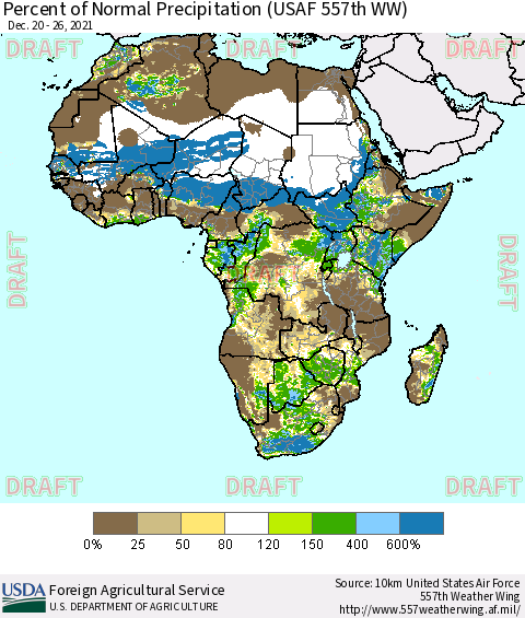 Africa Percent of Normal Precipitation (USAF 557th WW) Thematic Map For 12/20/2021 - 12/26/2021