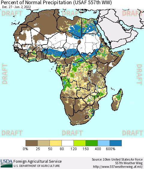 Africa Percent of Normal Precipitation (USAF 557th WW) Thematic Map For 12/27/2021 - 1/2/2022