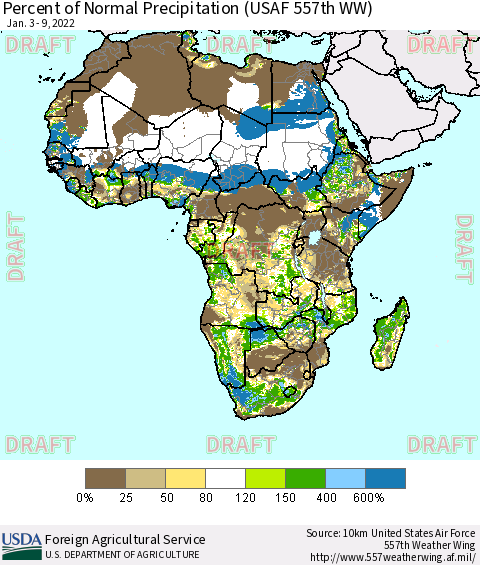 Africa Percent of Normal Precipitation (USAF 557th WW) Thematic Map For 1/3/2022 - 1/9/2022