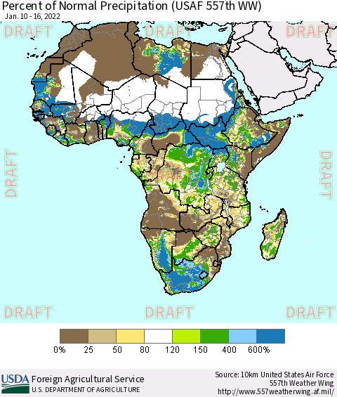 Africa Percent of Normal Precipitation (USAF 557th WW) Thematic Map For 1/10/2022 - 1/16/2022