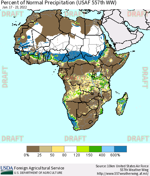 Africa Percent of Normal Precipitation (USAF 557th WW) Thematic Map For 1/17/2022 - 1/23/2022