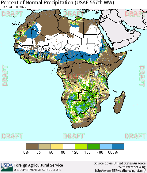 Africa Percent of Normal Precipitation (USAF 557th WW) Thematic Map For 1/24/2022 - 1/30/2022