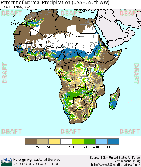 Africa Percent of Normal Precipitation (USAF 557th WW) Thematic Map For 1/31/2022 - 2/6/2022